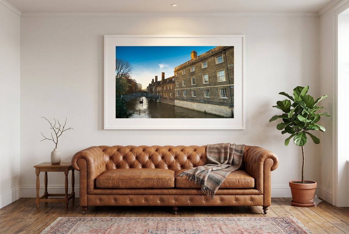 Mathematical Bridge, Dusk fine-art print displayed framed in a room