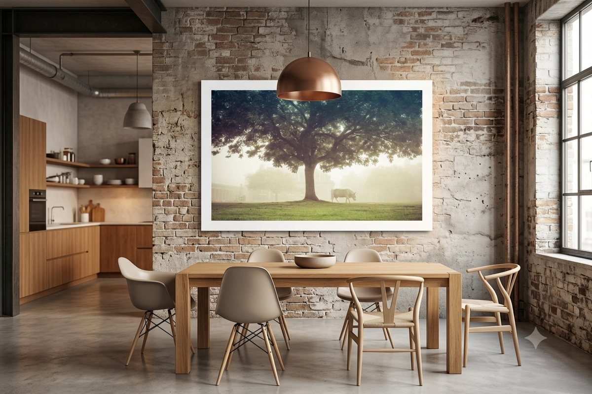 Trees & Cow in the Mist fine-art print displayed framed in a room