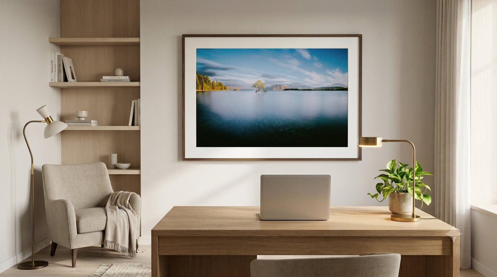Wanaka Tree fine-art print displayed framed in a room