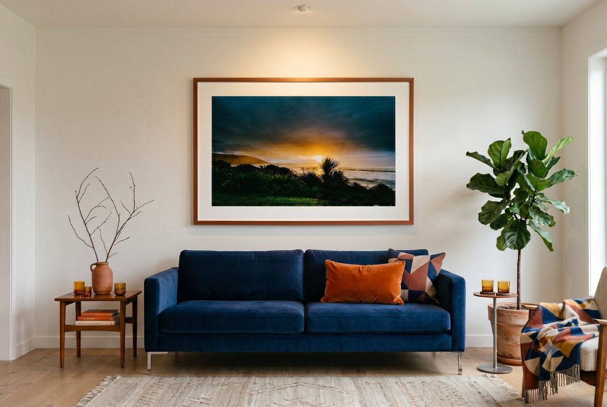 West Coast Sunset fine-art print displayed framed in a room